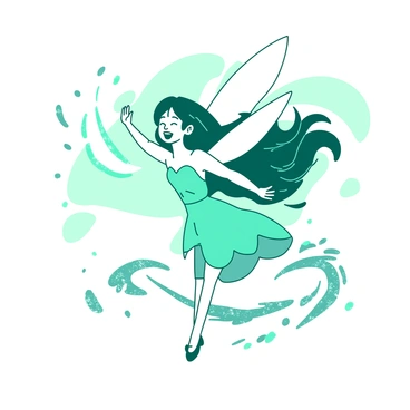 A teal fairy with translucent wings is flying joyfully through the air. Her wings are sparkling with a glimmering effect, and she has long flowing hair that dances in the wind. Behind her, there is a swirling trail of glitter that sparkles in the light, creating a magical effect. The background features soft, blurred colors that enhance the sense of movement and joy in the scene.