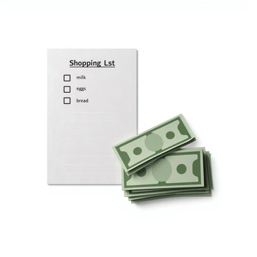A shopping list on a piece of lined paper with several items written in black ink, including "milk," "eggs," and "bread," with some items neatly crossed off. The list is placed next to a neatly stacked pile of cash, consisting of various denominations of banknotes. The cash is organized with the larger bills on the bottom and smaller bills on top, showcasing the stack's height. The setting is clear and well-lit, emphasizing both the shopping list and the stack of cash.
