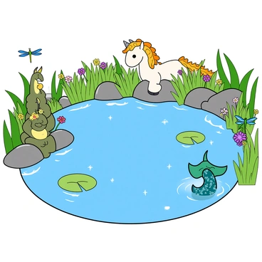 A serene pond with clear, sparkling water that reflects the sunlight. The pond is bordered by lush green grass and colorful wildflowers. Several mythical creatures are peeking out from behind rocks and plants; a small dragon with iridescent scales, a tiny unicorn with a shimmering mane, and a playful mermaid partially submerged in the water. There are lily pads floating on the surface, and a few dragonflies flit around above the water. The scene is vibrant with bright colors and a sense of enchantment.