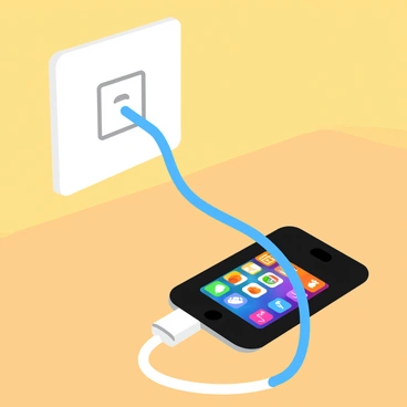 A sleek black smartphone is plugged into a white charger. The phone's screen glows brightly, displaying colorful app icons. A thin, bright blue line represents the current flowing from the charger into the smartphone, showing the energy transfer. The charger is connected to a standard wall outlet, and the setting is a simple wooden table background.