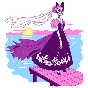 A Catrina figure with a decorated skull face is standing gracefully on a wooden dock. She is wearing a vibrant dress adorned with intricate floral patterns and lace details. The wind gently lifts her long, flowing veil, which trails behind her. In the background, the sun is setting, casting a warm glow over the horizon. The water beneath the dock reflects the colors of the sky, creating a serene atmosphere. The Catrina's gaze is fixed on the distant horizon, embodying an air of contemplation.