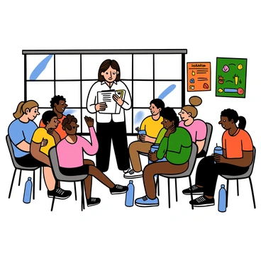 A nutritionist with light skin and medium-length brown hair stands confidently in front of a group of athletes. The nutritionist is wearing a white shirt and black pants, holding a clipboard with notes. The bright room has large windows allowing natural light to fill the space, and colorful posters about healthy eating are displayed on the walls. The group of athletes consists of both men and women, all wearing athletic clothing in various colors. They are sitting on chairs, attentively listening and taking notes. Some athletes have water bottles beside them, emphasizing the theme of hydration. The nutritionist is gesturing with one hand while explaining the importance of balanced diets.