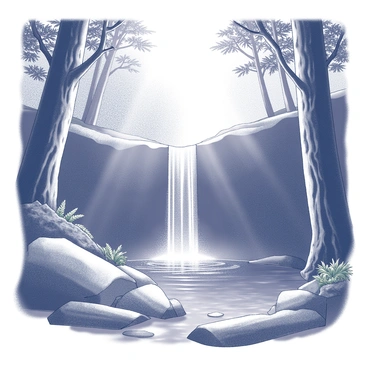 A hidden waterfall flowing down rocky cliffs. The water cascades into a crystal-clear pool below, surrounded by smooth stones and lush vegetation. Tall trees frame the scene with their thick trunks and leafy branches, creating a canopy overhead. Sunlight filters through the leaves, casting dappled shadows on the ground near the pool. Small ferns and moss grow along the rocks, adding texture to the forest floor. The sound of the water splashing into the pool enhances the tranquil atmosphere of the scene.