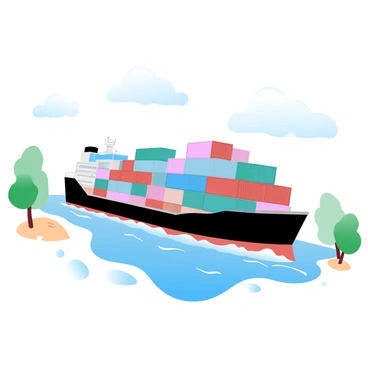 A massive cargo ship is navigating through a narrow canal. The ship is stacked high with colorful containers in various shapes and sizes. The water of the canal reflects the hues of the containers as well as the surroundings. On either side of the canal, there are green trees and a small sandy bank. The sky above is clear with a few fluffy clouds scattered throughout. The scene captures the busy nature of maritime transport as the ship makes its way through the tight passage.