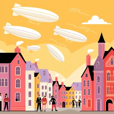 A Victorian-style city with brick and stone buildings featuring ornate architectural details. The skyline is filled with several airships of various sizes, each with large, billowing sails and brass propellers. The sky is a warm orange, indicating sunset, and wispy clouds drift among the airships. Below, the streets are bustling with people in Victorian clothing, including top hats and corsets. Smoke rises from chimneys, giving a sense of life and activity to the scene.