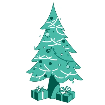 A teal decorative tree stands tall, featuring intricate white carvings that weave throughout its branches and trunk. The tree is adorned with various colorful ornaments, including round baubles and sparkling stars, hanging from the branches. Some ornaments are clustered together, while others dangle individually, catching the light. The base of the tree is surrounded by small teal gifts wrapped in white ribbons, creating a festive atmosphere.