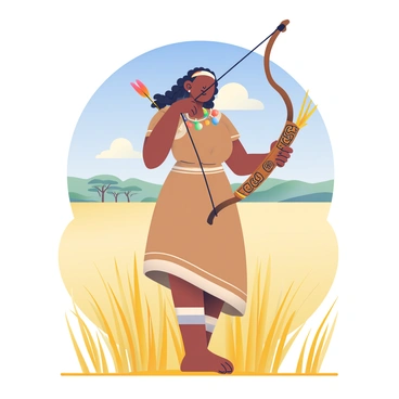 An African huntress skillfully holding a bow in a vast savanna