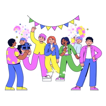 A photographer stands behind a camera, capturing images of a group of people posing joyfully. The individuals are covered in vibrant shades of pink, blue, yellow, and green Holi colors, which are splashed across their clothes and skin. Some people are throwing colored powder into the air, while others are smiling and striking playful poses. The background features decorations associated with the Holi festival, such as colorful banners and flowers.