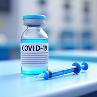 A close-up view of a "COVID-19 vaccine bottle" with a label, featuring detailed text and a clear liquid inside. Next to the bottle is a "syringe" filled with the vaccine, with visible markings on the barrel. The scene is set on a "medical table" with a smooth surface, including subtle reflections of the objects above. The background shows hints of medical equipment, creating a clinical atmosphere.