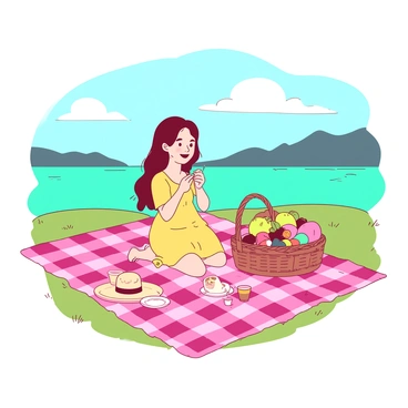A pink checkered blanket is spread out on the grass near a turquoise lake. A girl with long brown hair is sitting on the blanket, smiling as she eats from a wicker basket filled with various fruits. She is wearing a yellow summer dress and has a sunhat resting beside her. In the background, the calm surface of the turquoise lake reflects the clear blue sky, while a few fluffy white clouds float above. Scattered around the blanket are small colorful plates and cups, adding to the cheerful picnic atmosphere.
