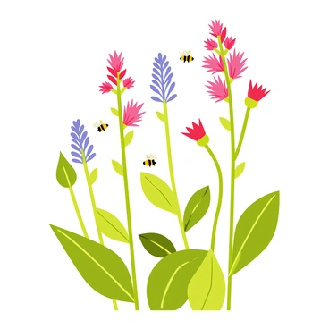 A variety of bee balm plants with distinct shapes and vibrant colors. The plants feature long green stems with clusters of bright pink, red, and purple flowers at the top. Each flower shape varies, with some having spiky petals while others are more rounded. The leaves are large and textured, surrounding the flowers in a lush green setting. A few bees are buzzing around the flowers, enhancing the natural scene.