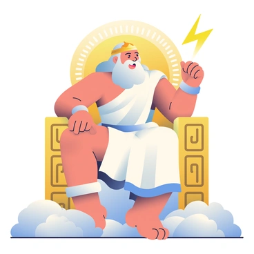 Zeus, a muscular figure with long, flowing white hair and a full beard, is sitting majestically on a golden throne. He is wearing a gold laurel crown and draped in a flowing white toga that shimmers in the light. The throne is intricately designed with ornate carvings of thunderbolts and Greek motifs. Surrounding him are fluffy white clouds, illuminated with soft golden light, creating an ethereal atmosphere. In his right hand, he holds a glowing lightning bolt, ready to unleash his power. A serene expression is on his face as he gazes thoughtfully into the distance.