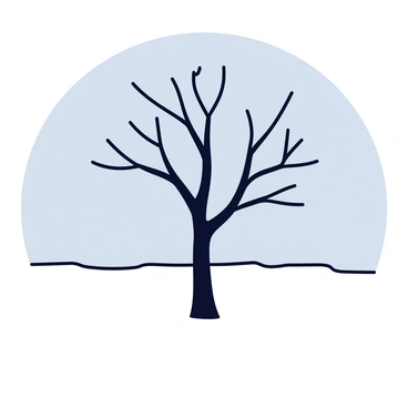 A silhouette of a lone frozen tree with intricate branches stretching upwards. The tree stands firmly on a flat expanse of white snow, with a stark contrast against the gray sky. The wind is depicted by curved lines around the tree, suggesting the harsh tundra conditions. The surrounding area is empty, emphasizing the isolation of the tree.