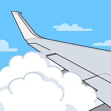 A close-up view of an airplane's wingtip extending out from the fuselage, with a sleek and shiny surface reflecting sunlight. The wingtip is positioned just above fluffy white clouds that appear soft and billowy, almost like cotton candy. The clouds surround the wingtip, with wisps trailing off as if being sliced through. The background showcases a bright blue sky with a few scattered clouds, adding depth and contrast to the scene. The airplane's wing features small, detailed markings and textures, enhancing its realistic appearance.
