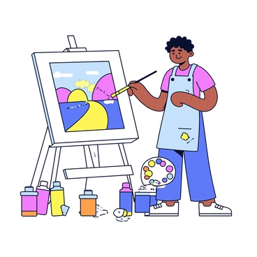An artist is standing next to a 1/2 size illustration board, which is propped up and displaying a colorful scene in progress. The artist is holding a paintbrush, with a focused expression while applying paint to the board. Surrounding the artist are various tubes of paint in bright colors, some open with paint squeezed out and others closed. There is a small palette next to the artist, speckled with mixed colors. The artist is wearing an apron that’s slightly splattered with paint.