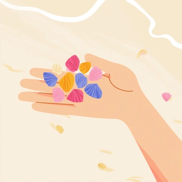 A hand with a light tan skin tone is holding an array of colorful seashells. The seashells are various shapes and sizes, featuring vibrant colors like pink, orange, purple, and blue. The background shows a sandy beach with fine, light-colored sand and gentle waves lapping at the shore. A few scattered seashells are visible on the sand around the hand, enhancing the beach scene. The sunlight casts soft shadows on the sand, creating a warm atmosphere.