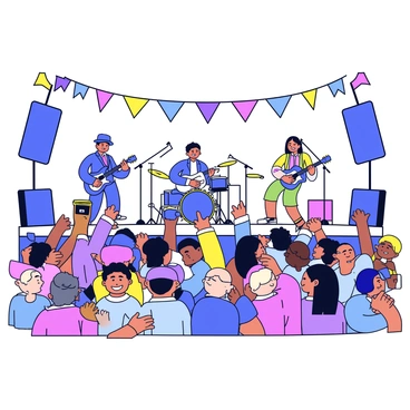 A band is performing live music on an outdoor stage. The musicians include a guitar player, a drummer, and a singer. Bright stage lights illuminate the performers, creating a vibrant atmosphere. In front of the stage, there is a large, enthusiastic crowd of diverse people enjoying the music. Some audience members are dancing, while others are holding up their phones to capture the moment. Colorful banners and decorations are visible in the background, adding to the festive scene.