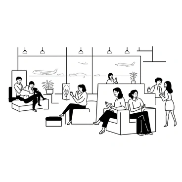 A spacious airport lounge filled with travelers enjoying their time. Several individuals are seated in plush, oversized chairs and sofas, some with their feet resting on ottomans. A large window stretches across one wall, offering a view of planes taxiing on the runway. On one side, a traveler is sipping a drink from a glass, while another is browsing through a magazine. A group of two friends is engaged in conversation, smiling and laughing. Potted plants are placed throughout the lounge, adding a touch of greenery. Stylish lighting fixtures hang from the ceiling, illuminating the space. A reception desk is visible in the corner, with a friendly attendant assisting other travelers.