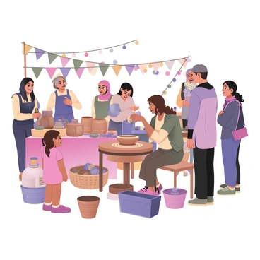 A digital flat illustration featuring an artisan demonstrating pottery making at a craft market. The artisan, a woman with medium skin and long brown hair tied back, is sitting at a pottery wheel. She is focused on shaping a wet clay pot, with a look of concentration on her face. Surrounding her are several intrigued onlookers, including a young girl with curly hair wearing a pink dress, a man with short black hair in a blue shirt, and an older woman with gray hair wearing a colorful scarf. The craft market is filled with various handmade items displayed on tables, such as woven baskets and painted ceramics. Colorful banners and strings of lights can be seen in the background, adding to the lively atmosphere.