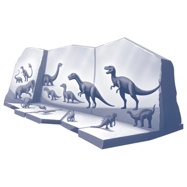 A series of ancient cave paintings are visible on rugged stone walls. The artwork depicts a variety of dinosaurs in different poses, showcasing their distinct features such as long necks, sharp claws, and powerful tails. Alongside the dinosaurs, there are other prehistoric animals, including large mammals and reptiles, each illustrated with intricate details. The figures are arranged in a manner that suggests movement and interaction, creating a dynamic scene of life in a prehistoric environment. The artwork displays various hunting and grazing behaviors, highlighting the relationship between the species. The overall composition conveys a sense of the ancient world, preserved in time.