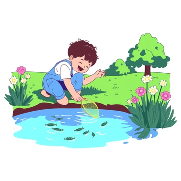 A young child with bright blue overalls is joyfully crouched by the edge of a pond, holding a small net in one hand. The child is reaching into the clear water with a big smile, trying to catch minnows darting around. The pond is surrounded by lush green grass and dotted with colorful wildflowers. Sunlight reflects off the water's surface, creating a sparkling effect. In the background, there are a few distant trees providing shade, completing the lively atmosphere of this scene.