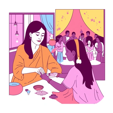 An Indian lady wearing a vibrant orange kurta is skillfully applying intricate mehandi designs to another woman's hands. The woman receiving the mehandi is dressed in a colorful pink lehenga, her hands adorned with bangles. In the background, there are decorative elements such as colorful drapes and traditional lamps, creating a festive atmosphere. A group of people can be seen in the distant background, engaged in lively conversation and celebration, adding to the joyful ambiance of the gathering.