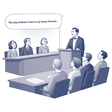 A courtroom filled with seated individuals, including a judge in a black robe presiding over the proceedings. In the center, a lawyer stands at the podium with a confident posture, delivering a serious pun. The expressions of the jurors and spectators range from amusement to laughter. Some have their heads thrown back in mirth, while others share smiles and light chuckles. The lawyer maintains a serious demeanor, yet the contrast with the audience's reactions adds a humorous tension to the scene. The wooden elements of the courtroom, like the judge's bench and the jury box, provide a structured setting for this lively moment. "The only evidence I have is my sense of humor," the lawyer quips, further provoking laughter among the attendees.