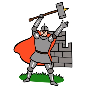 A knight with light skin wearing shiny silver armor is standing in a strong stance while performing hammer curls with a large, heavy mace. The mace has a spiked head and a sturdy wooden handle. The knight has a focused expression on his face, highlighting determination. The background features hints of a castle wall and green grass, suggesting an outdoor training ground. The knight's cape is flowing behind him as he lifts the mace, showcasing his muscular build.