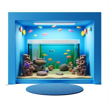A 3D underwater-themed room with walls painted in various shades of blue, mimicking the ocean's depths. The ceiling is adorned with fish-shaped decorations in vibrant colors, creating a playful atmosphere. In the center of the room, there is a large aquarium filled with tropical fish of different species and colors, surrounded by a coral reef structure. Soft lighting illuminates the space, enhancing the aquatic theme, while a textured rug in the shape of a wave sits on the floor.