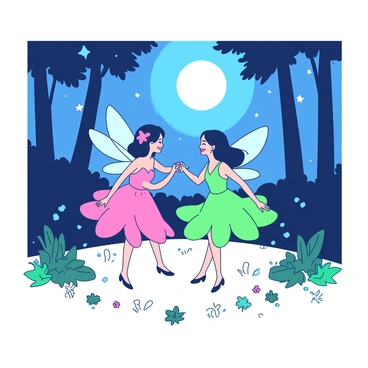 A ring of fairies dancing in a moonlit clearing surrounded by tall trees