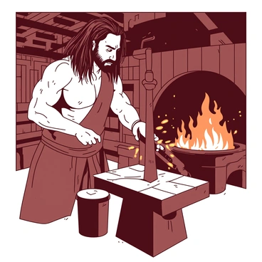 A skilled Anglo-Saxon blacksmith with a strong build and long, dark hair is hammering a shimmering sword on a sturdy anvil. His focused expression shows determination as sparks fly from the blade with each strike. The forge around him is rustic, with wooden beams supporting the structure, and the walls are lined with tools and supplies. The warm light from the fire in the forge casts an orange glow, illuminating the blacksmith's muscular arms and the sword taking shape on the anvil. In the background, a large open hearth crackles with flames, creating an atmosphere of craftsmanship and dedication.
