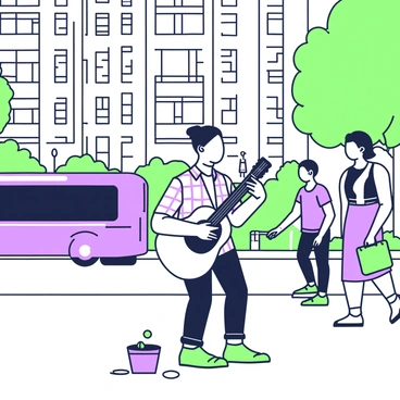 A street musician is passionately playing a guitar on a busy city corner. He is wearing a black beanie and a plaid shirt, and his face shows a deep concentration as he strums the strings. Around him, people are walking by, some pausing to listen. To his left, a small hat is placed on the ground, intended for tips, and a few coins are scattered inside. In the background, there are tall buildings with windows reflecting the sunlight, and a bus passes by, while some trees provide a touch of greenery at the edge of the scene.