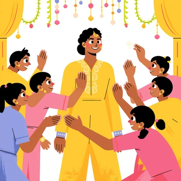 A lively scene depicting a bustling crowd of family and friends surrounding the bride during the haldi ceremony. The bride is at the center, wearing a vibrant yellow outfit adorned with intricate patterns. Her face is adorned with a smile, and her hair is styled elegantly. Family members and friends, dressed in colorful traditional attire, are applying haldi (turmeric paste) on her arms and face. There are decorative floral garlands hanging from above, adding a festive atmosphere. The background features traditional decorations with bright colors, creating an engaging celebration filled with joy and togetherness.