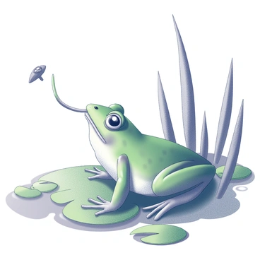 A green frog positioned on a lily pad in a swampy area. Its body is slightly crouched, ready to leap. The frog's long, sticky tongue is extended outward, capturing a small insect mid-air. Surrounding the frog are several green leaves, reflecting the damp environment. The background consists of tall reeds and murky water, creating a natural habitat for the frog.