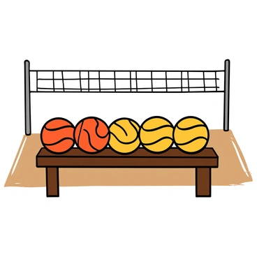A row of volleyballs in bright colors, such as orange and yellow, lined up neatly on a wooden bench beside a volleyball court. The bench is situated on a sandy surface, with white boundary lines drawn around the court. There are two volleyball nets in the background, taut and ready for play. The sun is shining, casting shadows of the volleyballs and bench onto the sand.