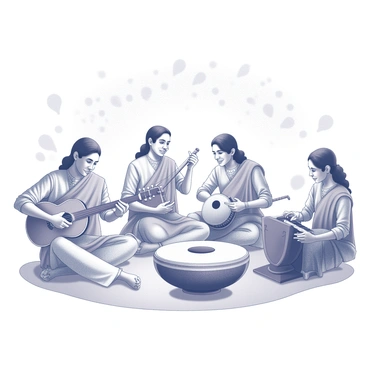 A group of musicians gathered together, each playing traditional instruments. One musician is strumming a sitar, while another is skillfully playing the tabla. A third musician holds a harmonium, providing a melodic accompaniment. The musicians are dressed in traditional attire, reflecting cultural heritage, with intricate patterns adorning their clothing. They are positioned in a semi-circle, engaged and focused, creating a lively and festive atmosphere. In the background, decorations celebrating the Upanayanam ceremony are visible, enhancing the sense of celebration.