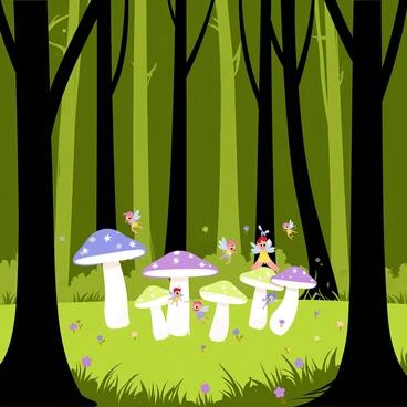 A ring of glowing mushrooms in a forest, with tiny fairies dancing inside