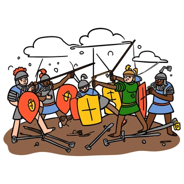 Soldiers using crossbows during a dramatic battle scene in ancient times.