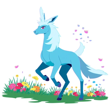 A majestic Suicune, with its shimmering blue fur and flowing white mane, is dashing across a field of vibrant wildflowers. Its body is sleek and elegant, showcasing its powerful frame as it moves gracefully. The wildflowers are a riot of colors, including bright yellows, deep reds, and rich purples, contrasting beautifully against the lush green grass. As Suicune runs, it leaves a trail of colorful petals fluttering in the air behind it, creating a breathtaking scene of motion and beauty. The sky above is clear and bright, adding to the vividness of the landscape.