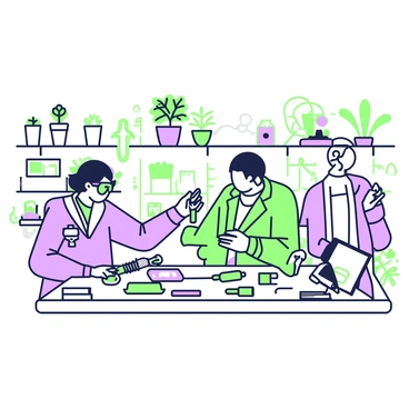 A group of scientists and engineers is working together in a laboratory. The room is filled with various plants, some in pots and others hanging from shelves. On a central table, there are advanced eco-tech gadgets scattered among research papers and notebooks. One scientist, wearing a lab coat and safety goggles, is examining a small device connected to a plant, while another engineer is sketching a design on a tablet. The walls are lined with shelves containing more equipment and greenery, creating a vibrant atmosphere of innovation and collaboration.
