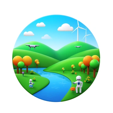 A dreamy landscape where nature and technology blend, featuring AI elements interacting with the environment.