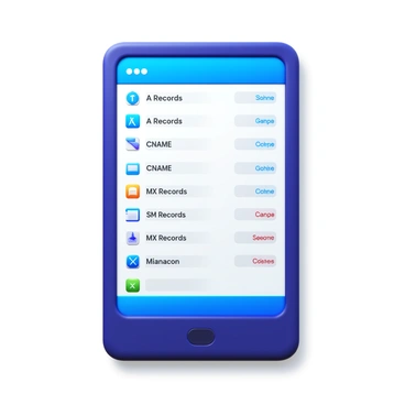 A smartphone with a sleek design, showing a vibrant display. The screen features a "DNS management app interface" with various sections labeled "A Records," "CNAME," and "MX Records." Icons representing different functions are visible, alongside input fields and buttons like "Add Record" and "Save Changes." The background of the app interface is a light shade, enhancing visibility.