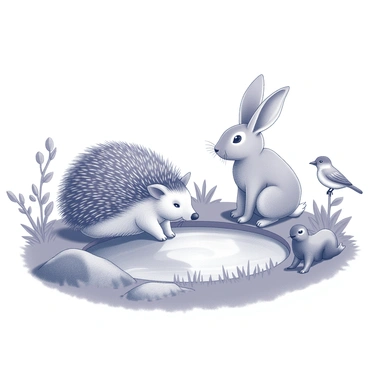 A small pond surrounded by lush greenery. A hedgehog is positioned near the edge of the water, its spines detailed and facing outward. A rabbit stands nearby, its ears perked up and alert, with soft fur texture visible. There are also a few other woodland creatures, such as a squirrel perched on a low branch of a tree and a small bird perched on a rock by the pond. The animals appear curious and engaged with their surroundings as they gather together.