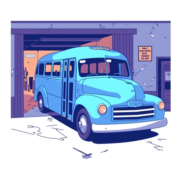 A retro blue bus is parked inside an old-fashioned bus garage. The garage features large wooden doors that are slightly ajar, revealing a glimpse of the outside. There are faded posters on the peeling walls advertising bus routes from years past. The cement floor is slightly cracked, and there are tools scattered around, hinting at ongoing repairs. The interior lighting creates a warm atmosphere, illuminating the bus's polished exterior. The blue bus has large round headlights and vintage styling, with a shiny chrome bumper and classic signage on the front.