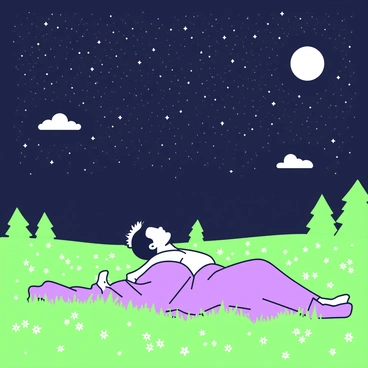 Cyrano is lying on a grassy field, surrounded by small wildflowers. He is wearing a flowing cloak that drapes over the grass. His gaze is directed upward at a vast starry night sky filled with countless stars. The moon is visible, casting a gentle light across the scene. In the distance, there are silhouettes of trees framing the edges of the field, and a few clouds drift softly across the sky. The overall atmosphere captures a moment of peaceful contemplation under the stars.