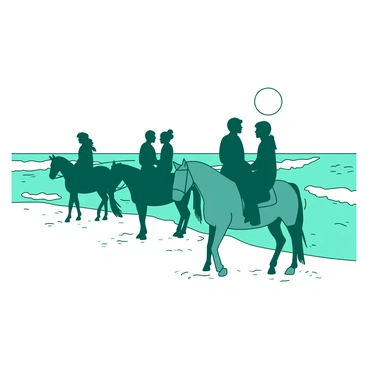 A teal group of friends is riding horses along the edge of a white tranquil beach. Each horse varies in color, creating a diverse scenery. The friends are laughing and chatting, enjoying the refreshing ocean breeze. Gentle waves are lapping at the sandy shore, and the sun is setting, casting a soft glow over the scene. The silhouettes of the horses and riders contrast against the fading light, adding to the serene atmosphere.