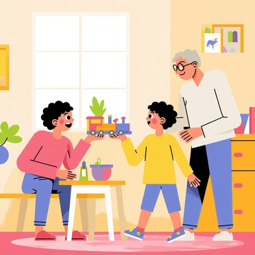 An elderly person with gray hair and glasses is handing a vintage item, a toy train, to a child with curly hair and bright eyes. The setting is a cozy room filled with warm colors, featuring wooden furniture and a soft, patterned rug. Sunlight filters through a nearby window, casting gentle light on the scene. The walls are decorated with old photographs and trinkets, creating a sense of nostalgia. The elderly person's expression is warm and caring, while the child's face shows excitement and curiosity.