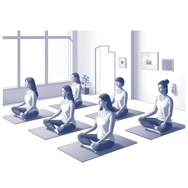 A group of diverse individuals is seated in a yoga class, practicing meditation on yoga mats. Each person is in a seated position with their legs crossed, hands resting on their knees, and eyes closed in concentration. The studio features large windows that allow natural light to fill the space, creating a sense of openness. The walls are adorned with simple decorations, and there are indoor plants positioned in the corners, enhancing the tranquil environment. The individuals are of various ages and backgrounds, reflecting inclusivity in the practice.