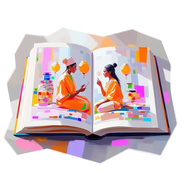 A portfolio open to reveal a series of illustrations inspired by various cultures. Each illustration features distinct elements representing different traditions, clothing, and art styles. The vibrant setting includes a richly colored backdrop with decorative textiles that reflect global patterns. Natural light illuminates the pages, enhancing the vivid colors of the illustrations. The portfolio itself has a textured cover with intricate design motifs, adding to the cultural theme.