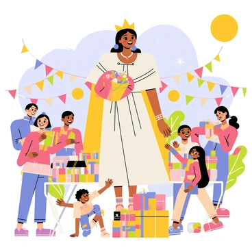 A queen with a regal crown and a flowing gown stands at the center of a vibrant festival. She holds a colorful silk pouch filled with jewels and trinkets. Surrounding her are joyful subjects dressed in festive attire, their faces beaming with happiness. Colorful banners and flags flutter in the background, while tables laden with various gifts are set up nearby. The atmosphere is filled with balloons and streamers, adding to the celebratory scene. Children play around her feet, eagerly reaching for the gifts as the sun shines brightly in a clear blue sky.